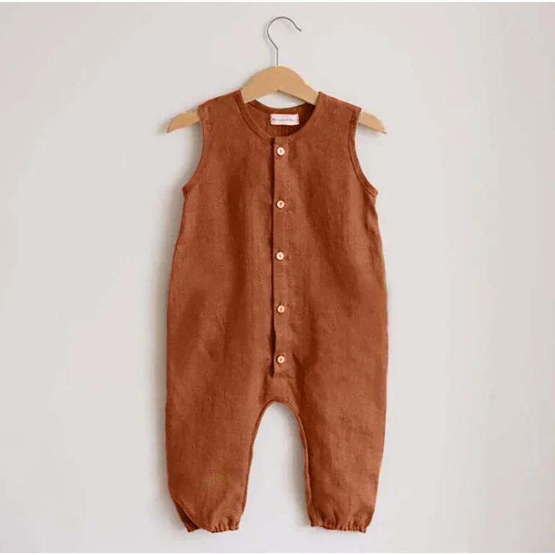 Summer Infant Baby Boys Girls pagliaccetto cotone lino Baby tuta bottone petto solido senza maniche bambini Playsuit Clothes