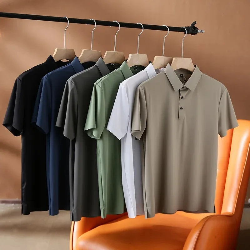 

High End Silk Smooth and Cool Feeling, Ice Silk Seamless Business Casual Solid Color Short Sleeved Polo Shirt T-shirt for Men