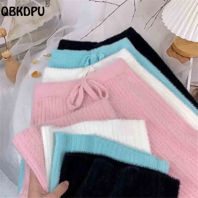 

Korean Thick Knitted Wide Leg Pants Women Fall Candy Color Straight Imitation Mink Pantalon Casual Warm High Waist Baggy Spodnie