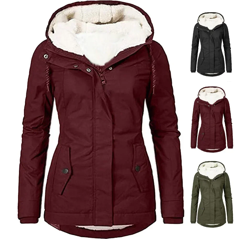 

Hooded Splice Zipper Coats for Women, Loose Casual Pockets Parkas, Regular Thick Full Sleeve, Warm Solid Jackets, Autumn and Win