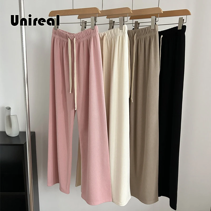 

Unireal 2023 Spring Autumn Women Wide Leg Pants Casual Trousers Drawstring High Waist White Pink Palazzo Pants