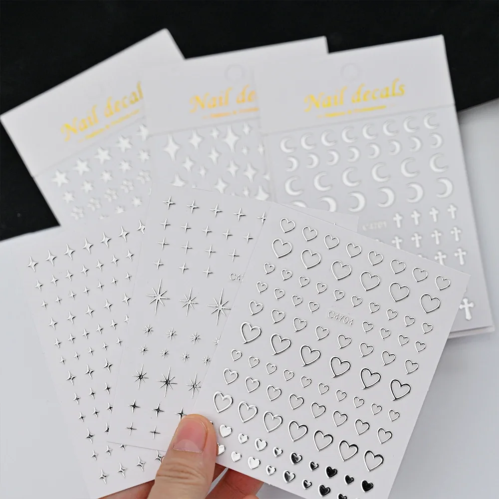 Nail Stickers 6 Sheets Metal Silver Metallic 3D Star Self-Adhesive Art Metal Chain Heart