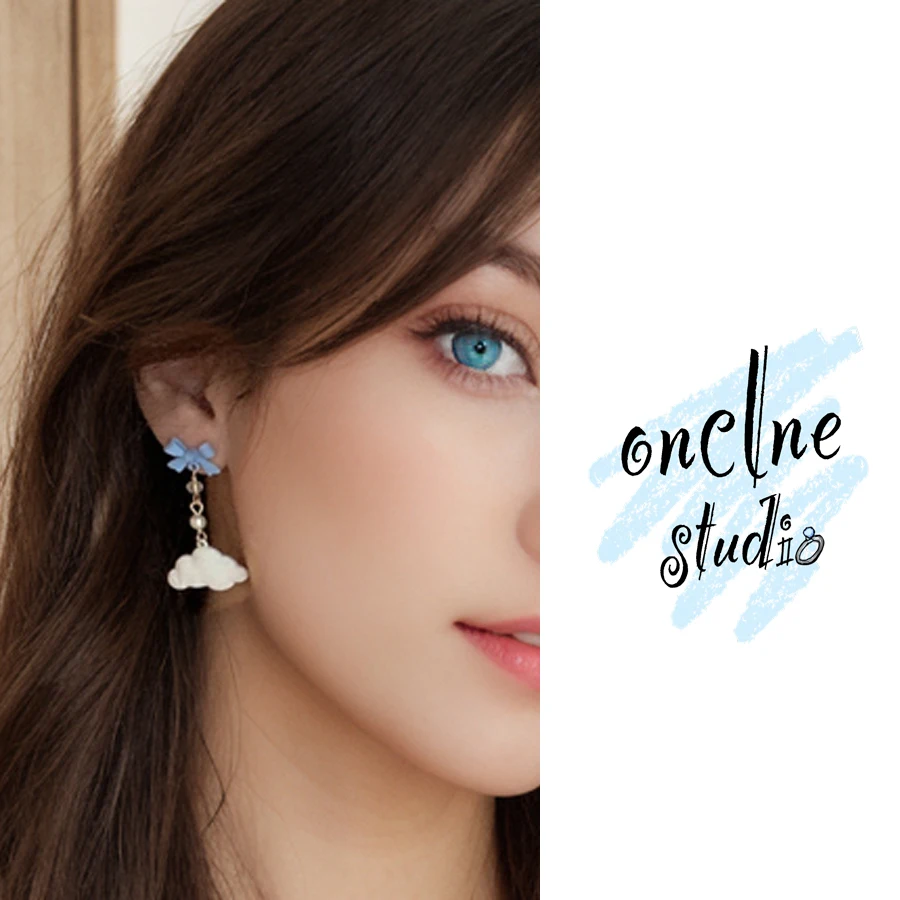 

Cute Blue and White Tassel Bow Earrings, Sweet Cloud Asymmetrical Earrings