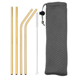 Premium Reusable Stainless Steel Straw Set with Cleaning Brush - 4 - Piece Straight & Bent Straws (Gold)