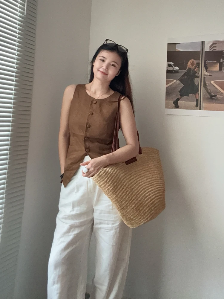 Women's Large Capacity Shoulder Bag Summer Lafite Straw  Real leather Woven Handbag Fashion Female Luxury Designer Beach Bag