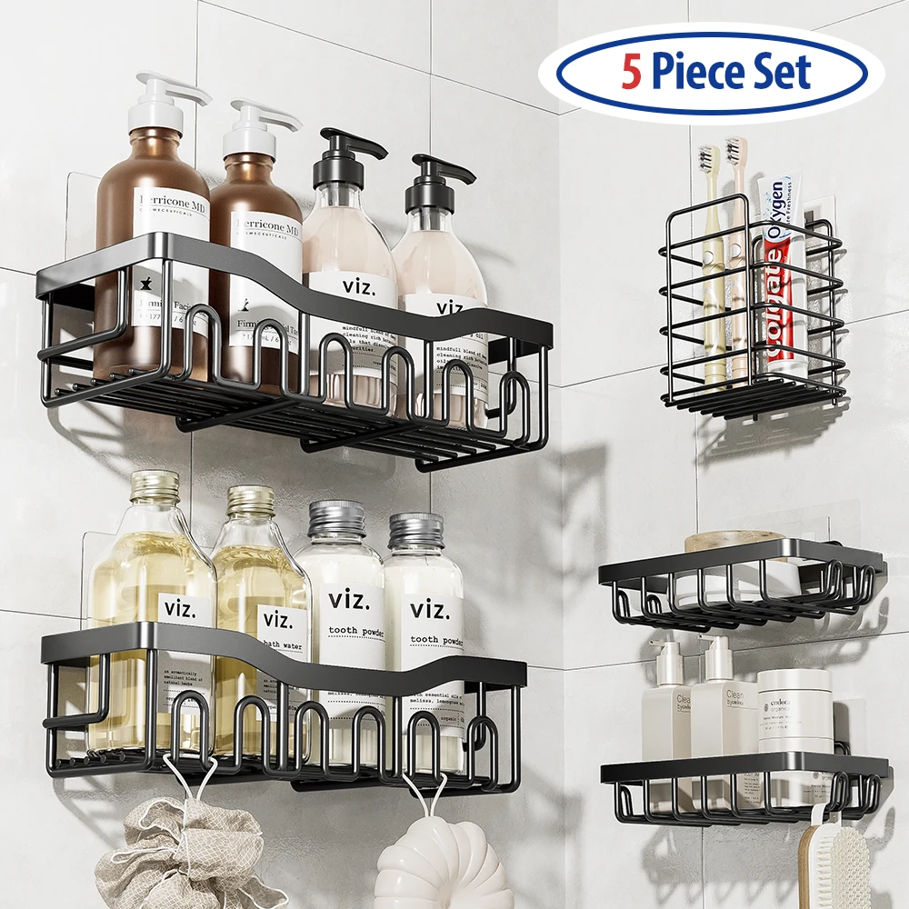 5pcs Stainless Steel Bathroom Shelf Large Capacity Shampoo Rack No Drill Wall Shelf Bathroom Organizers Shower