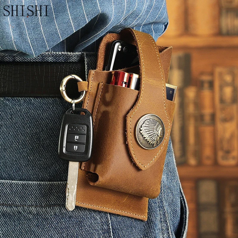 

Luxury Genuine Leather Men Waist Bag Business Belt Bag Cell Phone Cigarette Lighter Box Outdoor Sport Waist Packs For Male