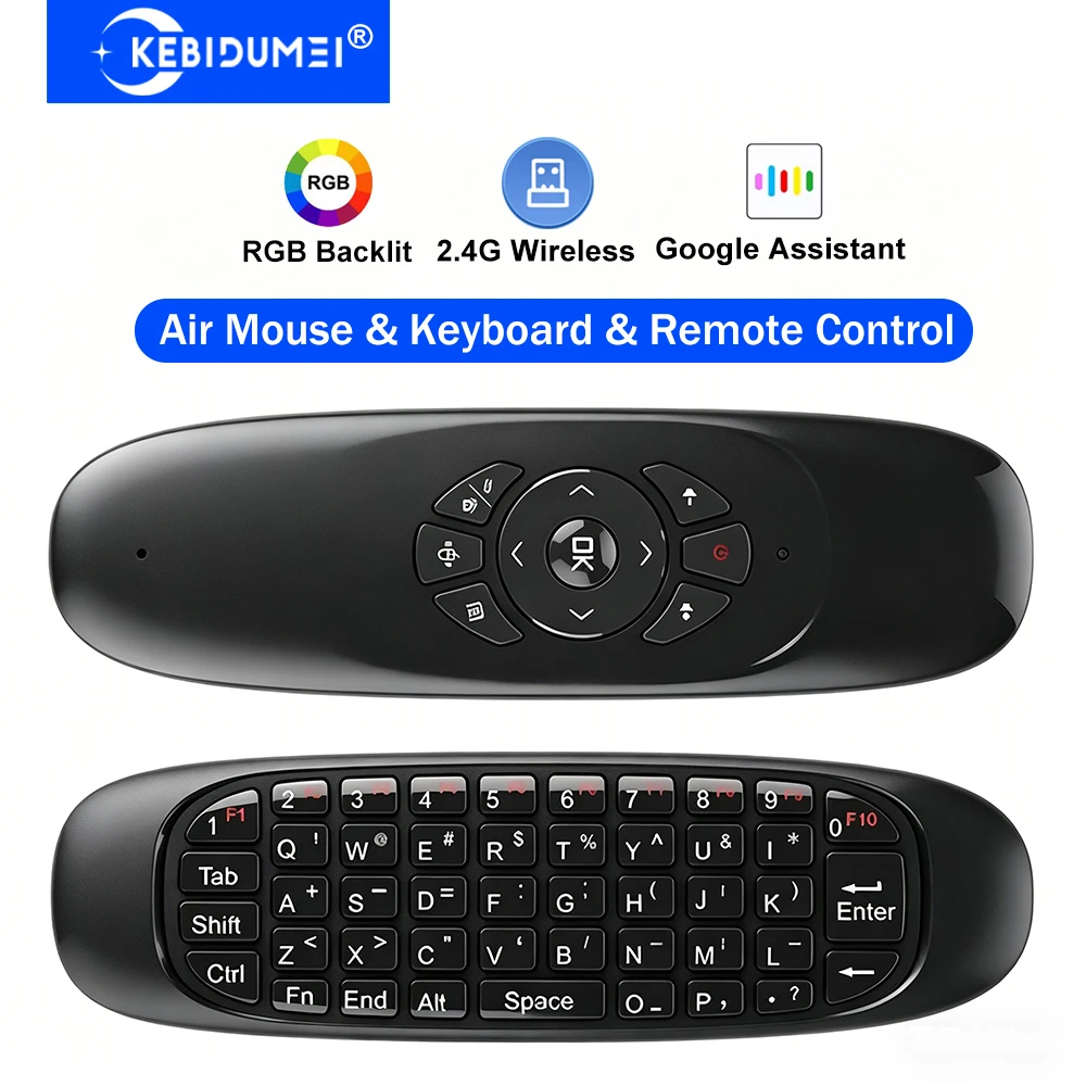 Wireless Air Fly Mouse Remote Control with RGB Backlit Mini Keyboard and Google Assistant Integration