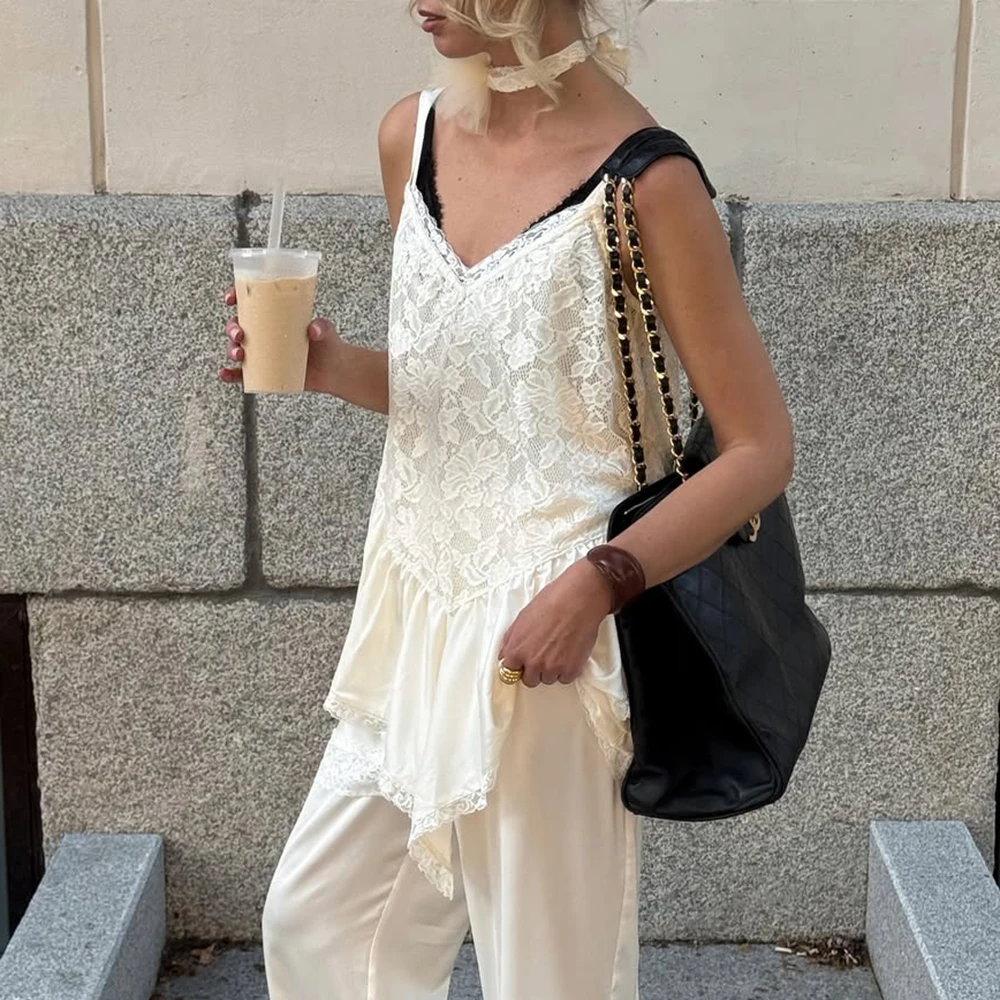 Talenza White Lace Sleeveless Party Top - Sexy See Through Patchwork Fashion