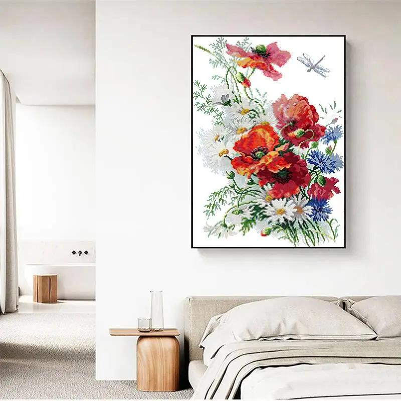 Cross Stitch Kit Daisies and Poppies DIY Floral Pattern Cross Stitch Kit 11CT 14CT 16CT Count Printed Canvas Fabric Needle Thread Embroidery Set