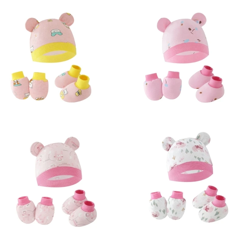 3pcs/set Cotton Newborn Cap with Anti Scratch Mittens and Foot Cover Infant Warm Headwear Baby Gloves with Socks Set 3