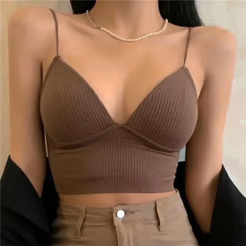 V-Neck Camisole Women Sexy Stretch Push Up Bra Chest Pads Knitted Crop Top Female Short Tube Top Tops Bralette Y2k
