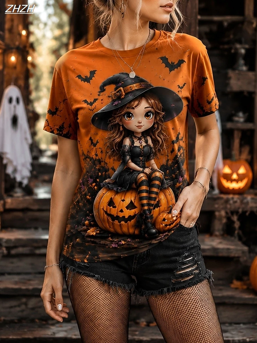 Halloween Damen T-Shirt mit Grafikdruck, Halloween Vintage, stilvoll, lässig, kurzärmelig, Rundhalsausschnitt, normales Oberteil, für den Alltag und das Wochenende.