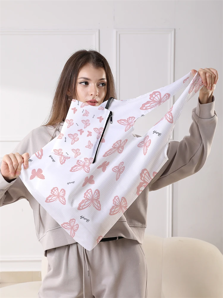 Ladies' Foldable Pink Butterfly Pattern Large Shopping Bag Foldable Storage Reusable Easy to Carry Capacity Handbag