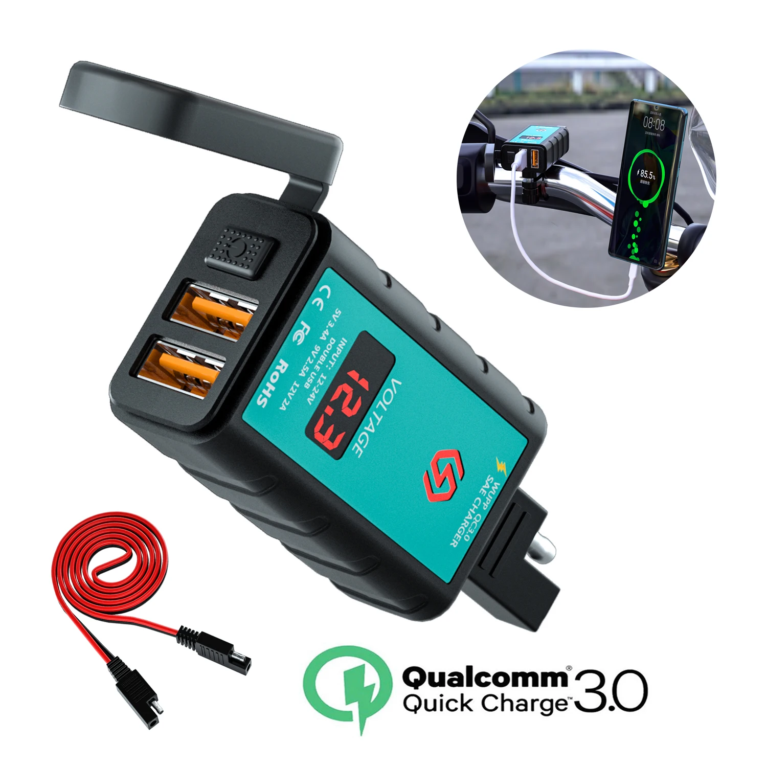 

Двойной Usb-вольтметр для мотоцикла, быстрое зарядное устройство с выключателем 12 В, QC3.0, разветвитель розетки питания, адаптер розетки для мотоцикла