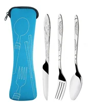 3Pcs/set Stainless Steel Dinner Set Portable Travel Camping Cutlery Tableware Set Dinnerware Case Flatware Kit with Cloth Bag 2