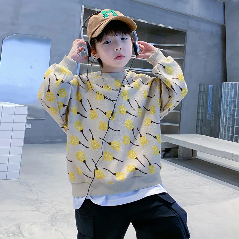 

Autumn Winter Thick Warm Knit Pullover for Boys Fashion Casual Print Tops Children's Clothes for Teens Round Neck Sweater 4-14 Y