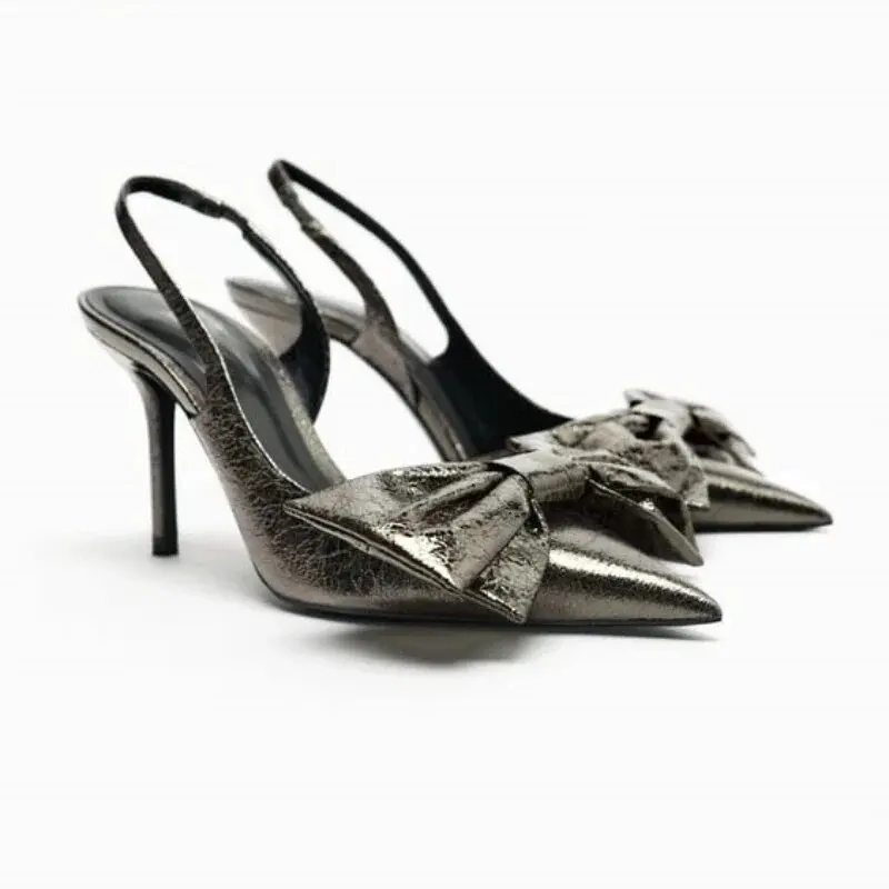 Traf 2024 Donne Bow Slingbacks Tacchi Moda Scarpe A Punta Décolleté A Spillo Per Le Donne Sexy Party Prom Leather High Headed Shoes