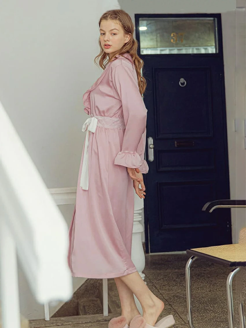 Marthaqiqiq Elegant Female Nightgowns Sexy V-Neck Sleepwear Long Sleeve Robe Lace Up Bathrobe Mid-Calf Dress Home Clothes Women
