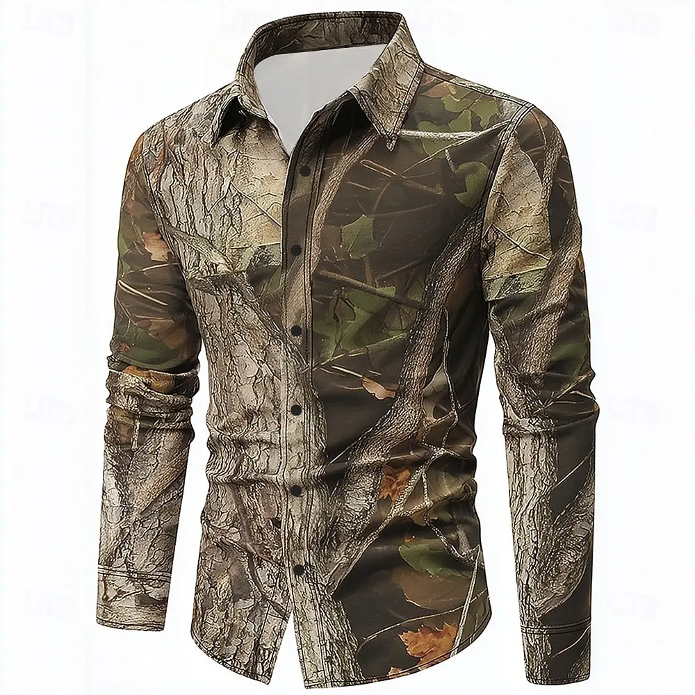 Camicia mimetica mimetica da uomo Camicia stampata in 3D alla moda Camicia abbottonata da esterno Camicia casual a maniche lunghe Camicetta da strada per uomo