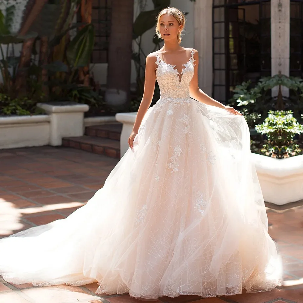

Boho A-line Wedding Dress Sheer O-neck Illusion Backless Applique Sleeveless Floor Length vestido de novia Beach robe de mariée