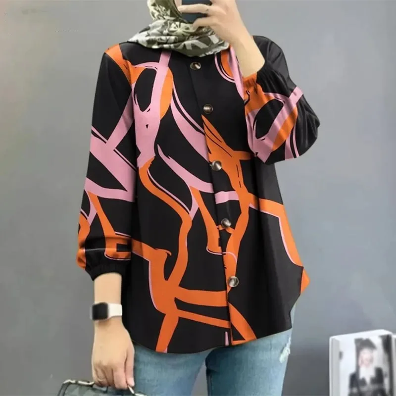 The traditional long-sleeved printed women's wine casual button-up top fall new arrival cross-border best seller