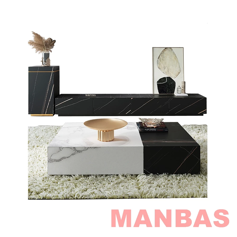 MANBAS Nordic Sintered Stone Table Basse TV Stand Modern Rectangle Coffee Tables Tea Table with Stainless Steel Muebles De Sal&oacute;n