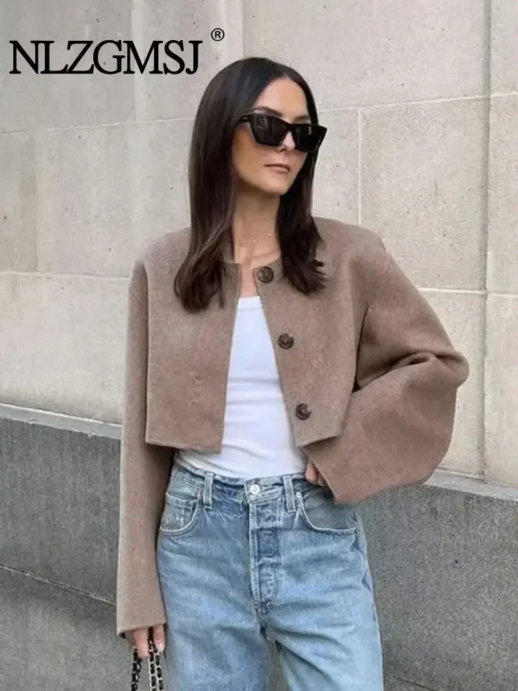 

Nlzgmsj TRAF 2024 Woman Short Woolen Jacket Coats Single Breasted Vintage Autumn Winter Causal Elegant Slim Tops