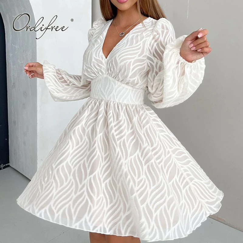 

Ordifree 2023 Summer Women White Mini Dress Long Sleeve Striped Sexy Vacation Holiday Short Tunic Beach Dress