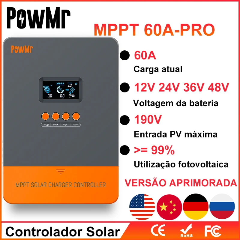 Powmr Mppt 60A Solar Feltöltési És Kisütési Controller 12V 24V 36V 48V Max 190V Pv Bemenet Lcd