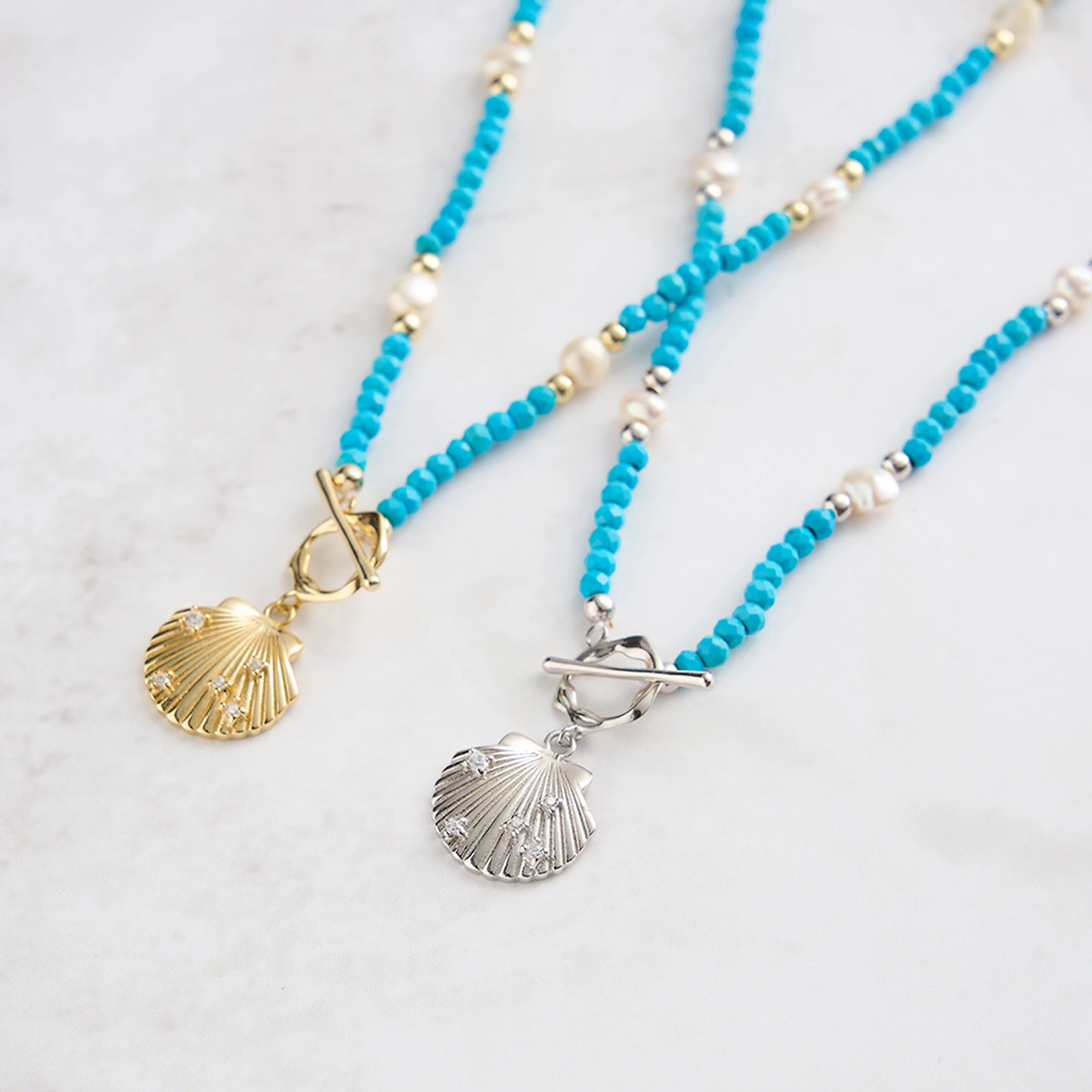 Silver Shell Pendant Necklace with Freshwater Pearl Turquoise - Ocean-Inspired Beach