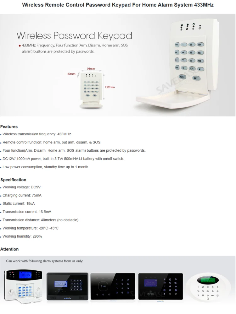 433MHz 무선 번호 키패드 원격 제어 키패드 A11 YL GSM 경보 시스템 전용