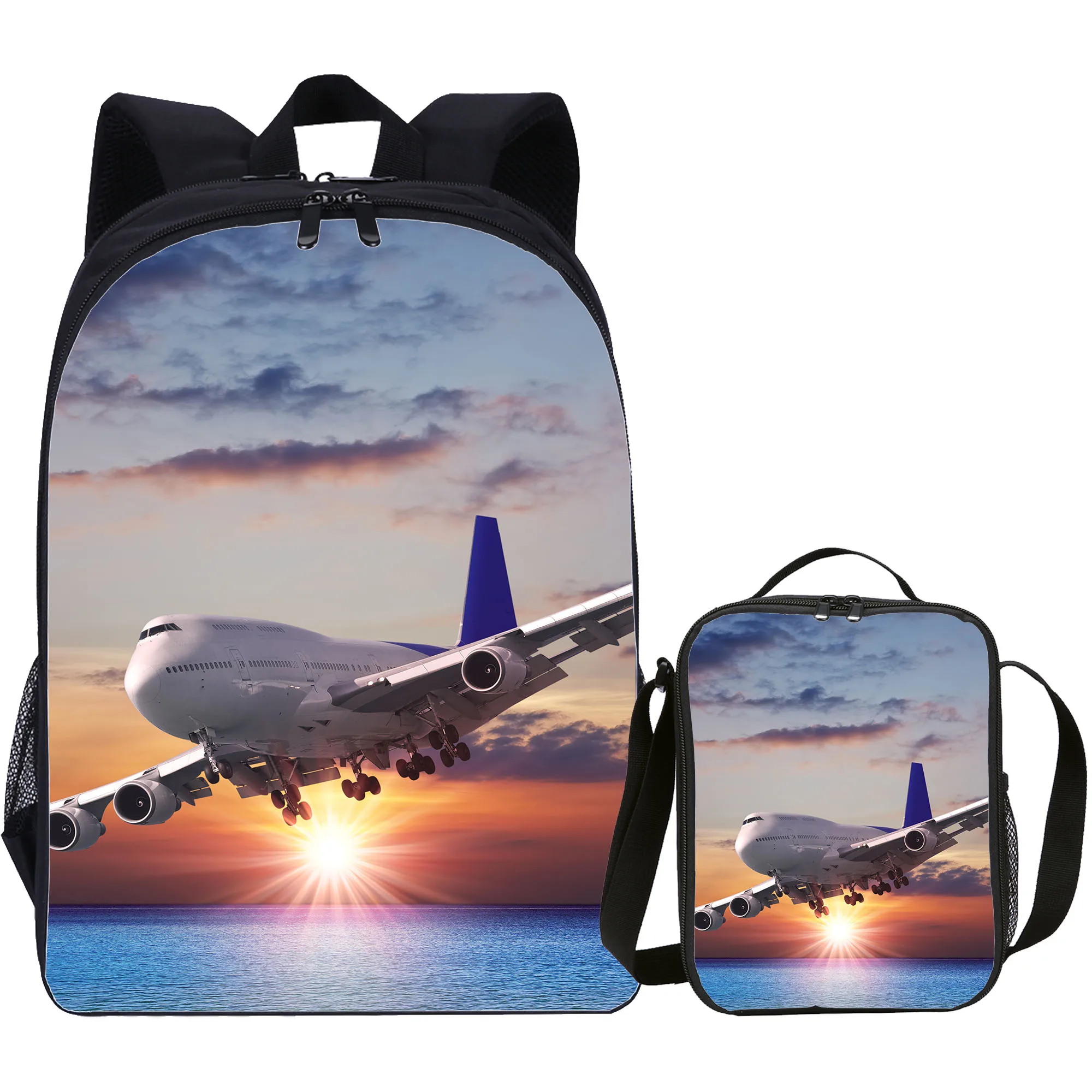 Airplane Student Backpack Set 4PCS School Shoulder Bag Cooler