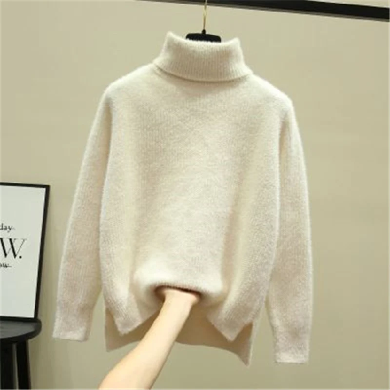 JMPRS  Thick Women Turtelneck Sweater Autumn Loose Long Sleeve Warm Knitted Jumper Winter Causal White Female Top New cropped sweater Sweaters