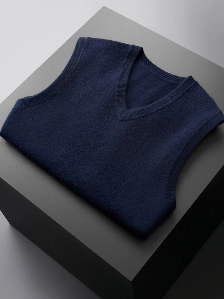 High Quality Men Autumn Winter Sweater 100% Cashmere Sleeveless Soft Wam Basic  V-neck Pullover Knitwear Clothing Tops