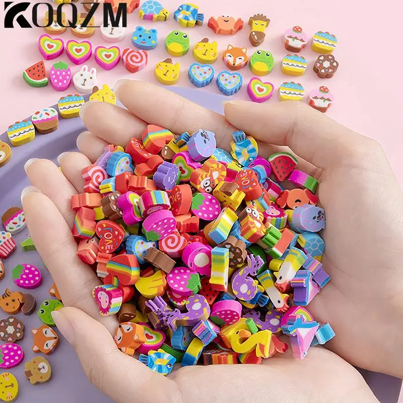 Kawaii Eraser Creative Cartoon Mini Pencil Eraser Animal Fruit Christmas Children's School Stationery 50pcs/bag