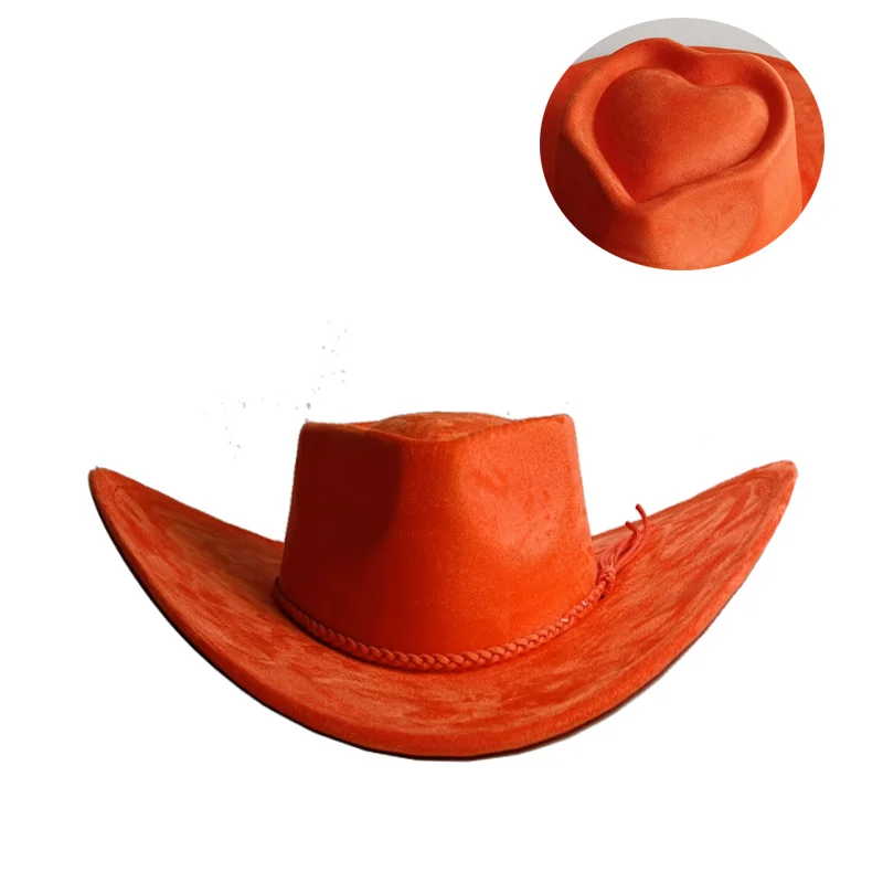 Orange LOVE Top Cowboyhut Wildlederhut Ethnischer Stil Western Cowboy Kunstleder Samt Jazzhut Herbst und Winter Roll-up-Krempe – Detail 34