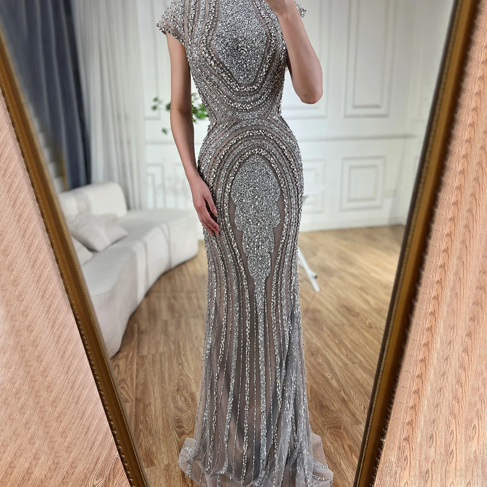 Serene Hill 2025 Arabic Dubai Gray Nude Mermaid Floor Length Beaded Luxury Evening Dresses Gown Customize Wedding Party BLA72344 6