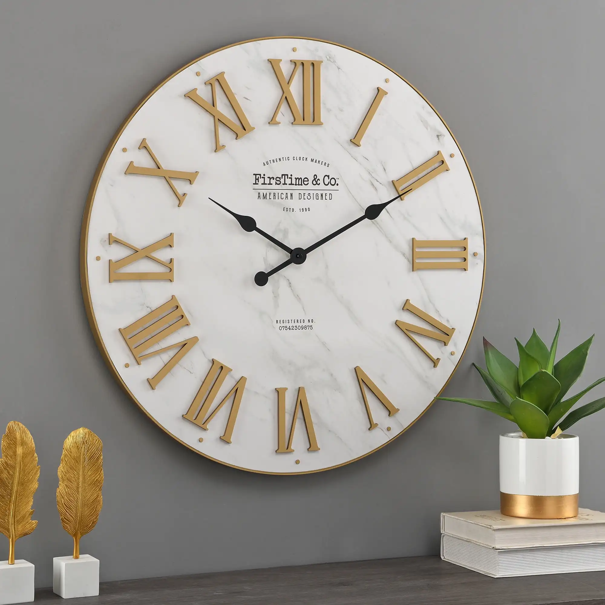 

27 x 2 x 27 in Gold and White Wall Clock Analog Battery Operated Round Clocks Home Office Bedroom Living Room Decorative