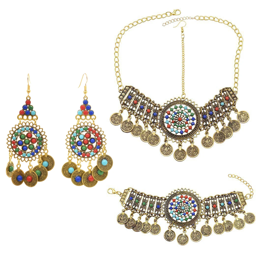 

Vintage Colorful Acrylic Beads Coins Hair Accessories Earrings Bracelet for Women Gypsy Afghan Ethnic Bride Wedding Jewelry Sets