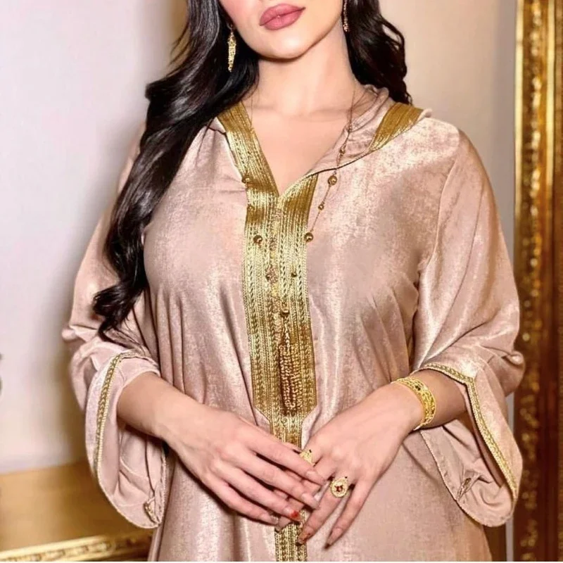 Champagne Hooded Lace Suede Gown Muslim Robe Women Dress Robe Elegante Femme Islamic Clothing for Women prom dress