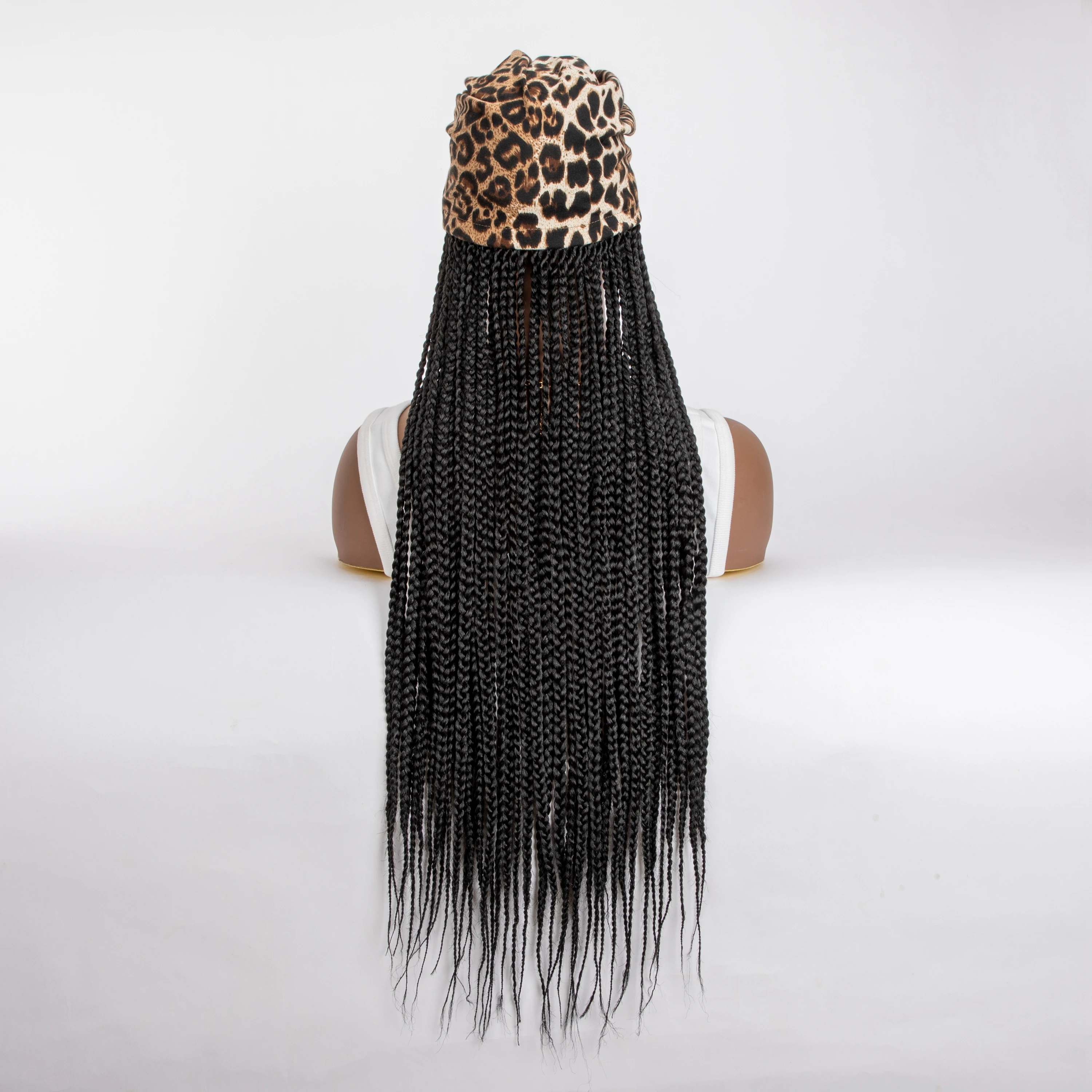 WIGERA Leopard Print Headband Long Braided Synthetic Wig With Turban Hat Box Braiding Hair Extensions Head Scarf  Easy Hairstyle