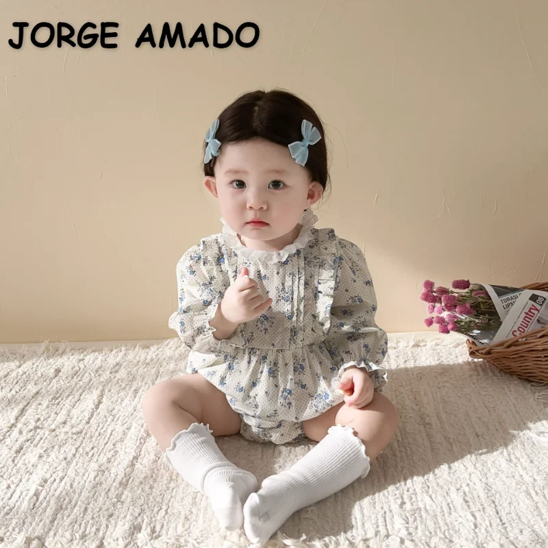 

Korean Style New Spring Autumn Baby Girl Floral Bodysuit Agaric Edge O-neck Long Sleeve Jumpsuit Newborn Crawling Clothes E6867