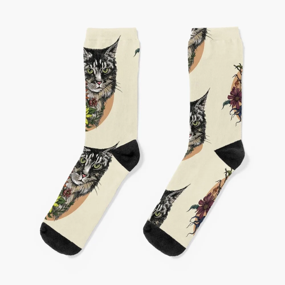 ShopForShelters: Proceeds Support No-Kill Shelter Initiatives - Maine Coon Cat in WildFlowers Socks Christmas Socks Heated Socks