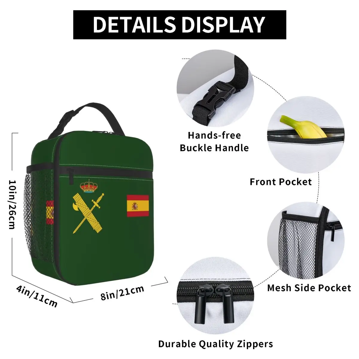 Spain Flag Plus Emblem Civil Guard Insulated Lunch Bag Cooler Bag Meal Container Spanish Large Tote Lunch Box Food Storage Bags lunch bag cooler bag