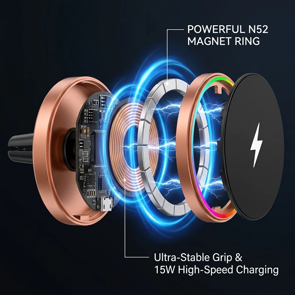Magnetic Wireless Car Charger with Fast Charging and 360° Rotating Universal Mount