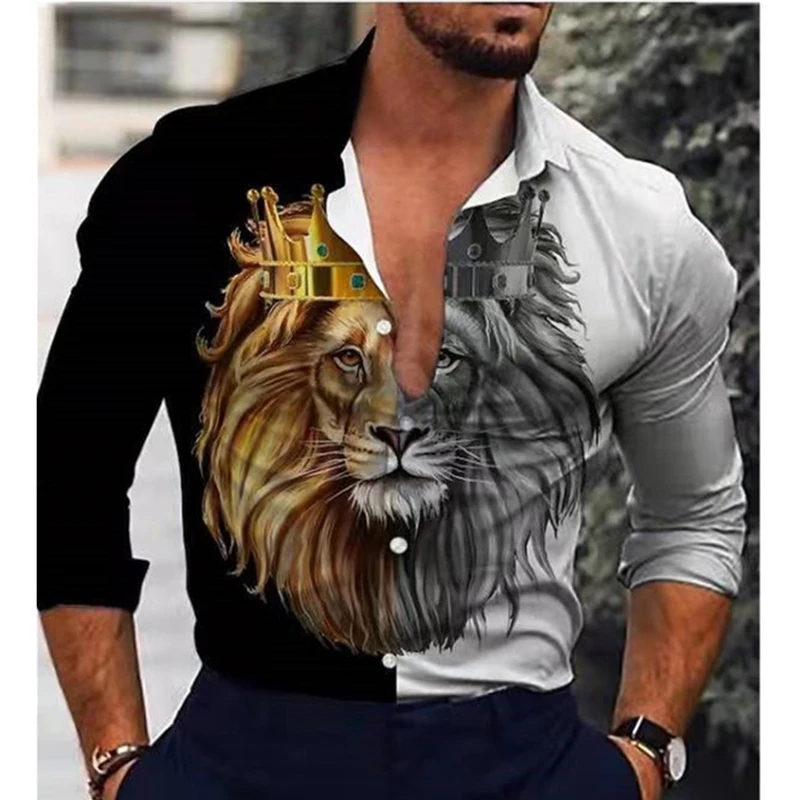 Spring Autumn New Animal Print Y2K Fashion Blouse Man Luxury Lion England Style Long Sleeve Shirt Casual Streetwear Male Clothes