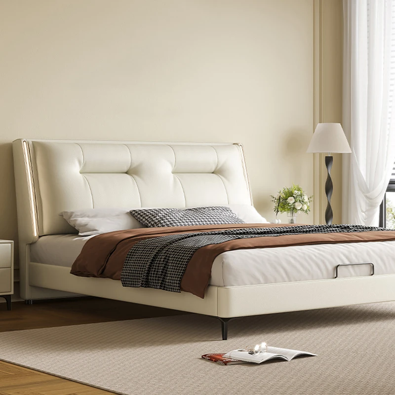 

White Leather Double Bed Master Floor Comferter Beauty Double Bed Twin Bedding Camas Moderrnas Inteligentes Bedroom Furniture