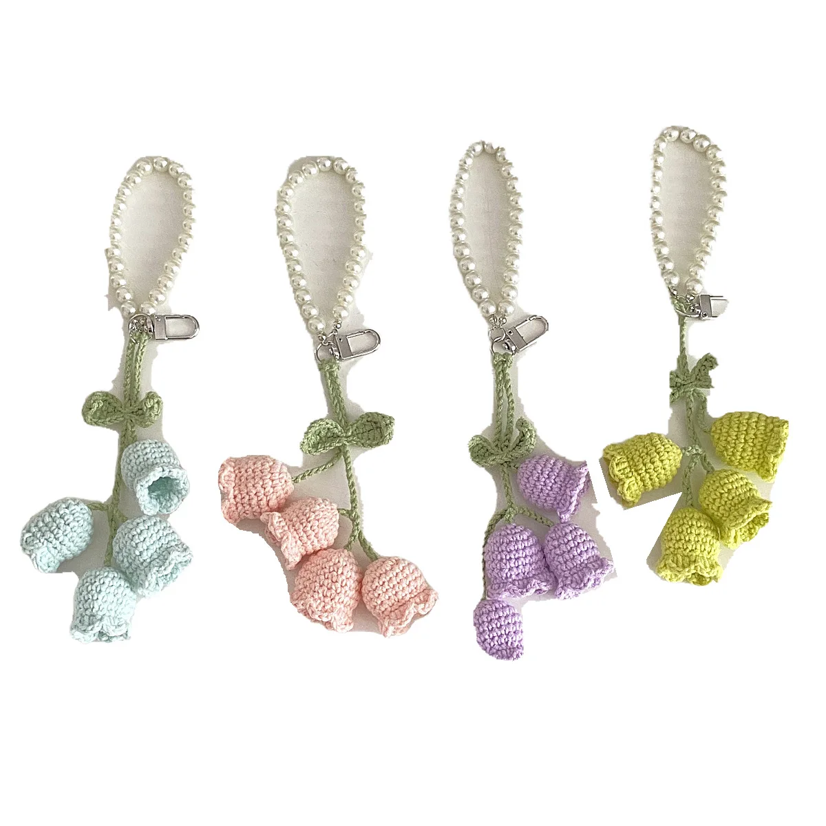 Cute Girl Pearl Keychain Korean Style Creative Chain Woolen Crochet Orchid Flower Keychain Bag Decorative Buckle