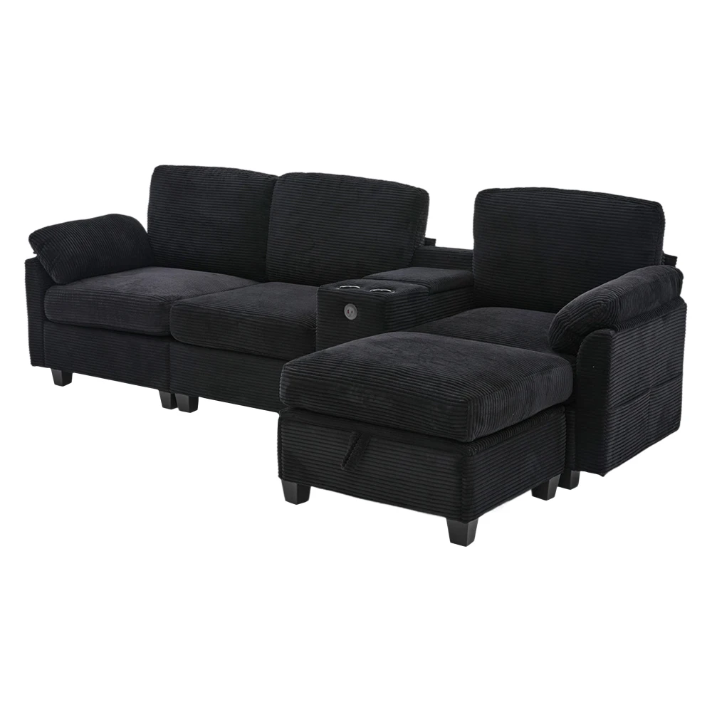 Großes Kordelsofa mit Komfortschaumstoff, 2 Getränkehaltern, USB-C-Anschluss, Seitentasche, Ablagefach, mobilem Aufbewahrungsfach – Detail 27